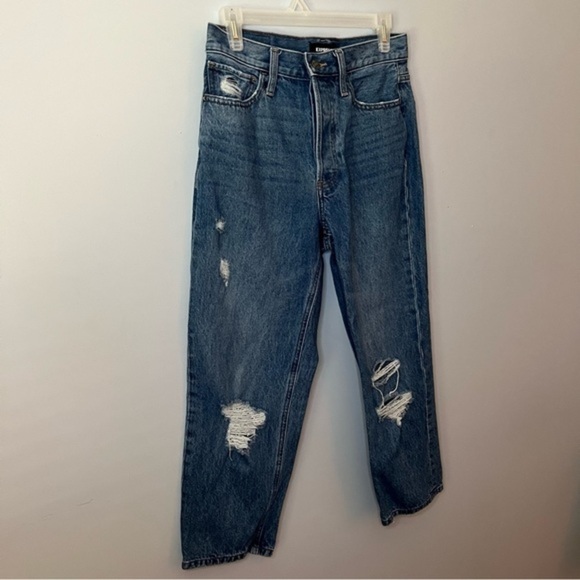 Express High Rise Medium Wash Cropped Distressed Button Fly Dad Jeans Size 4R - Picture 10 of 15